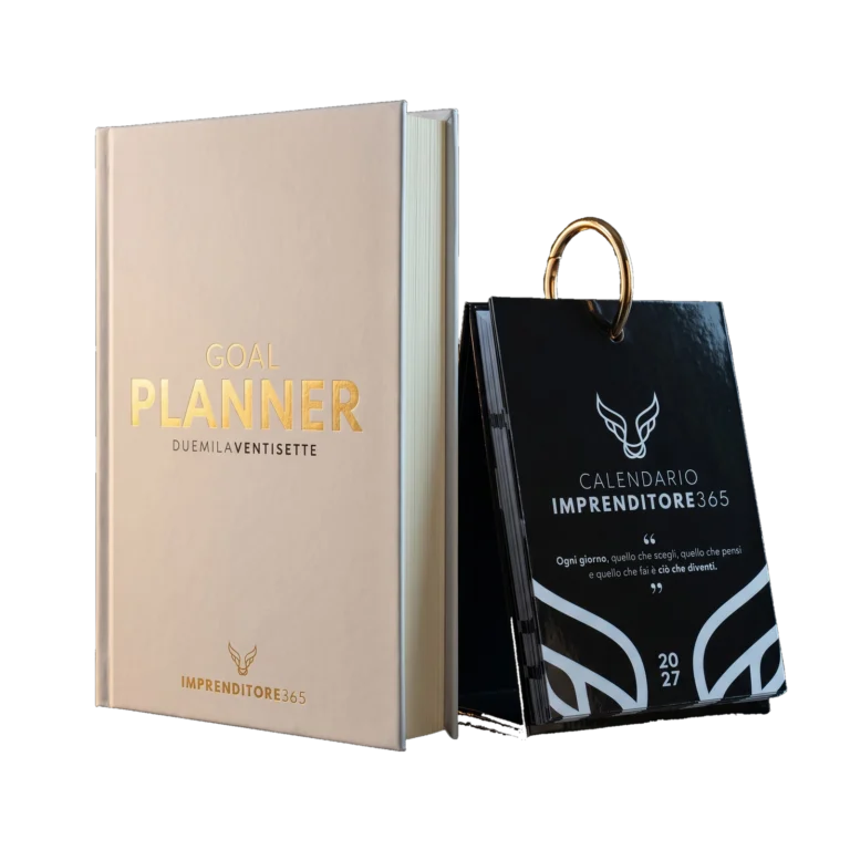 Duo Imprenditore365 2027, calendario e Goal Planner affiancati, scontornati su fondo trasparente